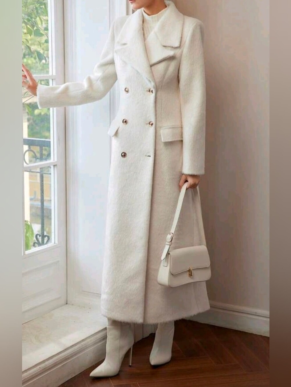 * New Luxe Double Breasted Wool Blend Long Midi Coat Jacket Fluffy Ivory Cream